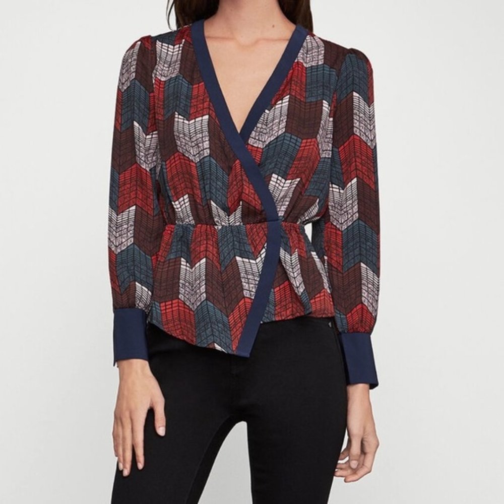 BCBGMAXAZRIA Surplice Long Sleeve Woven Top Size S